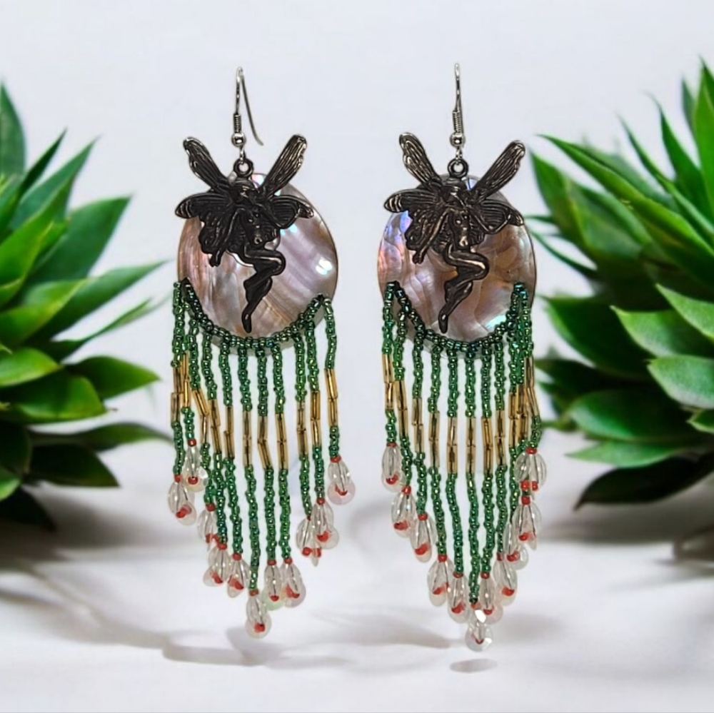 New Art Nouveau Vintage Artisan Fairy Statement Earrings 5" Abalone Bead Fringe